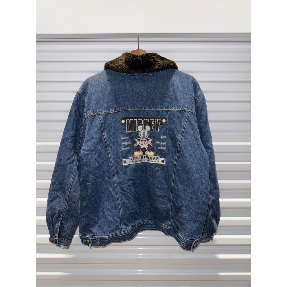 Disney Catalog Mickey Mouse Streetwear Denim Jacket Faux Fur Collar Mens Large